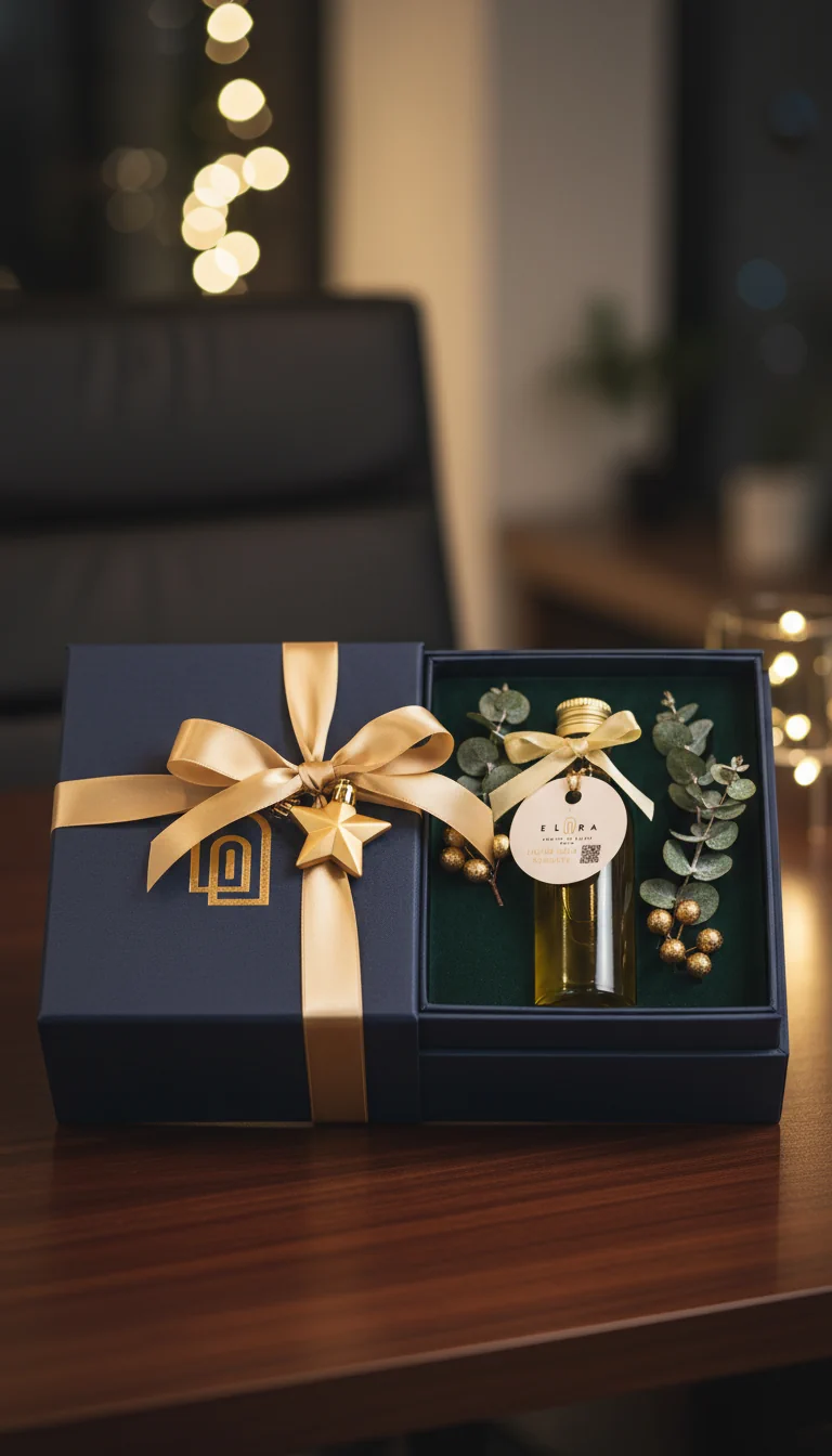 50-ml Flasche mit extra nativem Premium-Olivenöl aus Marokko, hochwertig präsentiert und ideal als personalisierbares Weihnachtsgeschenk für Kunden oder Geschäftspartner.